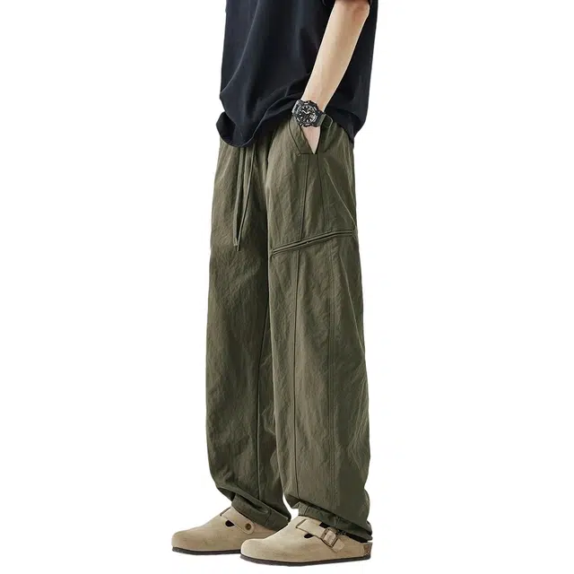 顶峰保罗 冰丝复古软壳速干透气亲肤无性别主义工装裤子宽松直筒抽绳长裤薄款潮流高级感休闲裤 男女同款