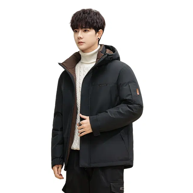 鸭鸭 纯色韩版休闲百搭短款连帽防寒保暖工装羽绒服 男款
