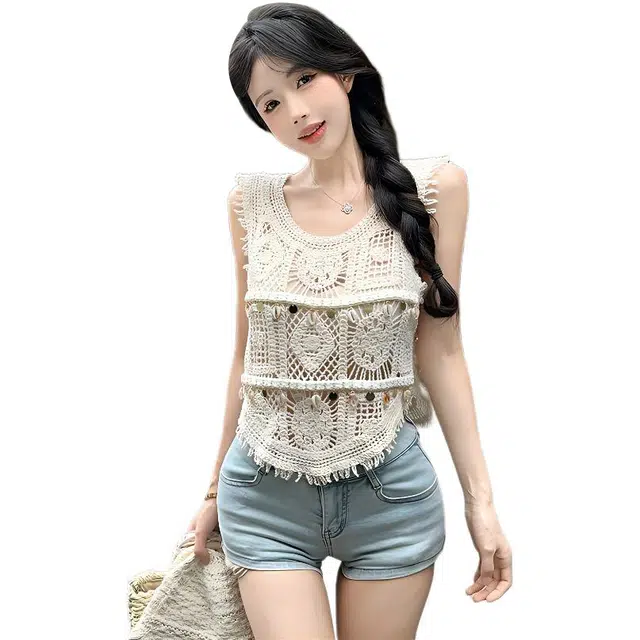 水中花 波西米亚度假风镂空贝壳流苏女内搭无袖针织上衣背心 女款