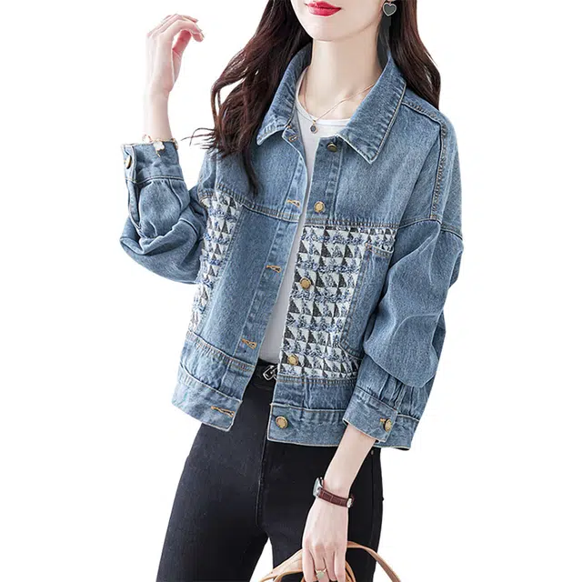 丝柏舍 简约气质韩版上衣翻领拼接宽松长袖休闲牛仔外套 女款 多色