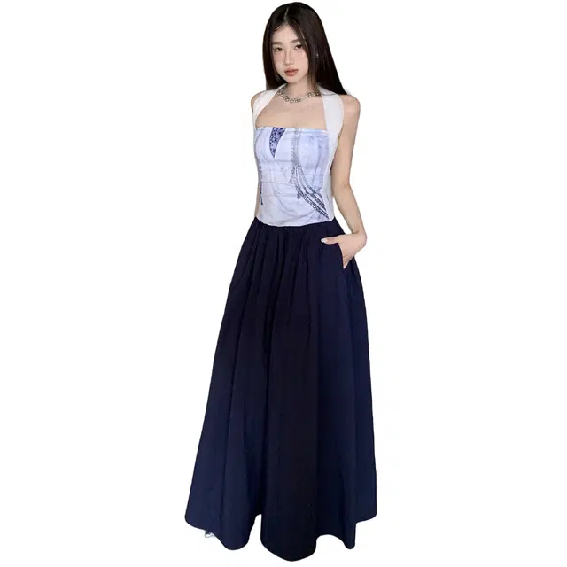 涂诗菲 设计感拼接长款裙子抹胸挂脖绑带无袖连衣裙 女款 蓝白色