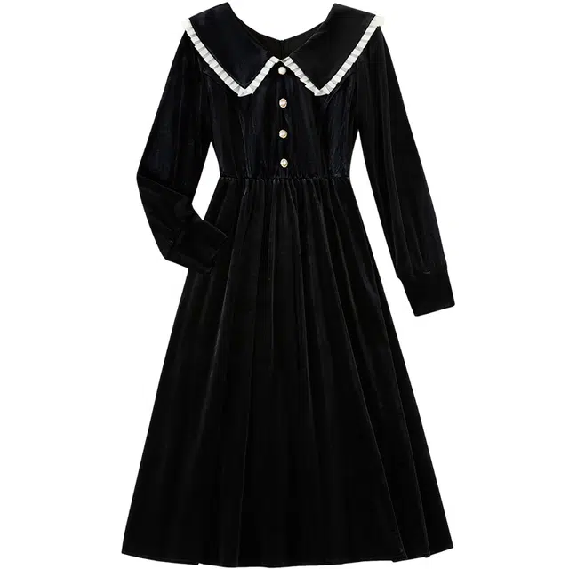 她池 赫本风灯笼袖丝绒优雅收腰长袖连衣裙 女 黑色