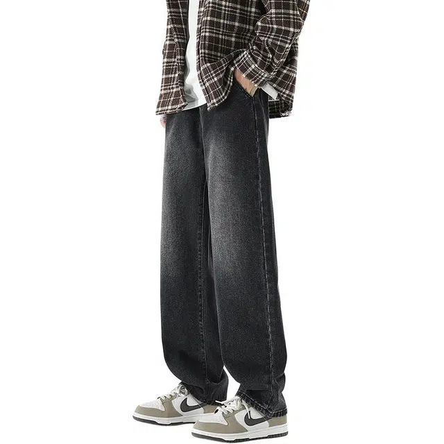 八哥 美式夏季复古高街风基础款阔腿裤休闲时尚百搭宽松透气个性垂感牛仔裤 男女同款