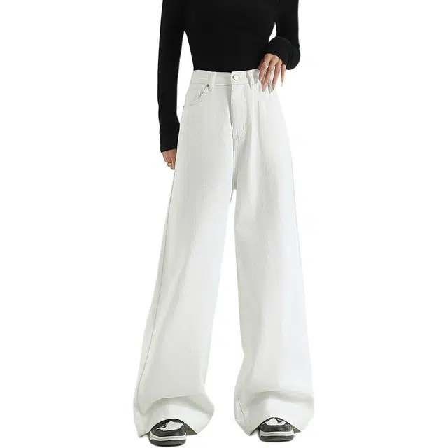 法文箱子 阔腿春季纯色宽松街头风休闲高腰长裤牛仔裤 女款