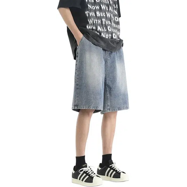 协协乐 夏季薄款天丝凉感透气美式潮牌宽松阔腿直筒百搭休息运动五分中裤牛仔短裤 男款