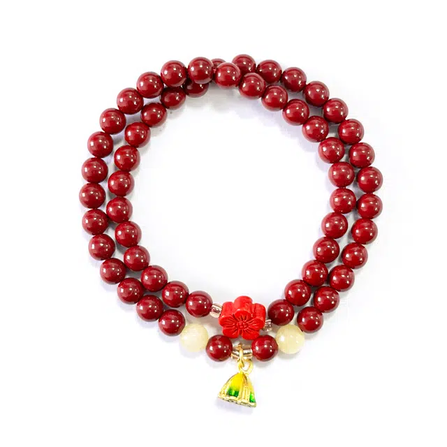 琉堇 新中式紫气东来红梅双生佛珠 转运红色双圈念珠 国风招财纳福莲蓬双生 再造辰砂朱砂 玉石手串 男女同款情侣款