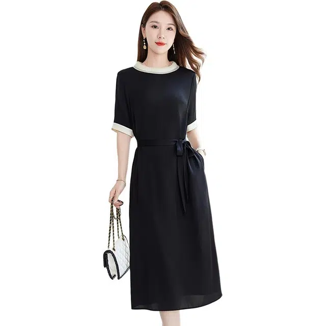 水墨佳人 轻奢桑蚕丝中长款短袖连衣裙 女款