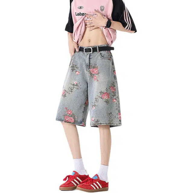 水中花 美式复古花卉满印五分裤夏季宽松直筒显瘦高街风水洗中裤潮流时尚大码阔腿牛仔短裤 女款