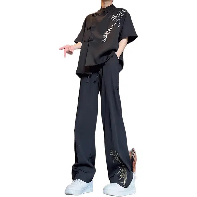 单爵 新中式国风刺绣夏季薄款垂坠感高级感冰丝休闲裤 男女同款