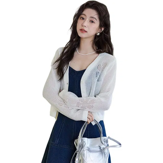 谜秀 温柔风开衫轻薄百搭显瘦短款肌理感缕空针织衫 女款