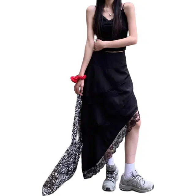 哒头下雨不愁 蕾丝花边女夏季裙子不规则下摆小个子蛋糕裙休闲长裙 女款