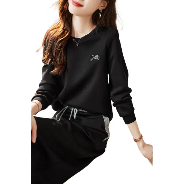 沫晗依美 时尚百搭上衣休闲舒适下衣裙装套装 女款 黑色