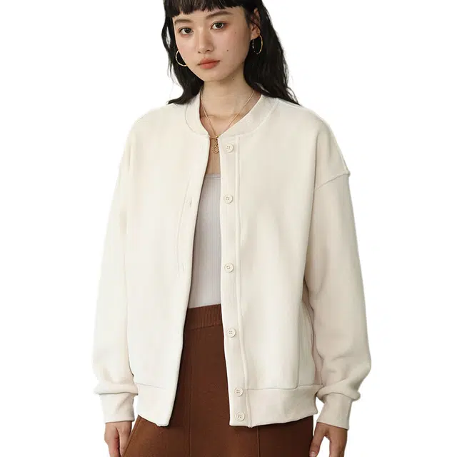 玉儿恋 纯色宽松落肩单排扣长袖棒球服 女款 白色