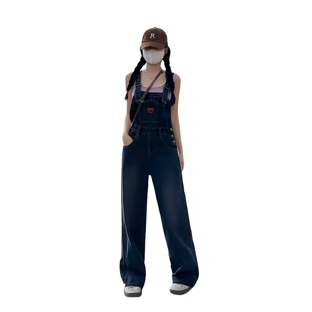 木清清 美式复古牛仔韩版宽松小个子减龄高腰背带裤 女款