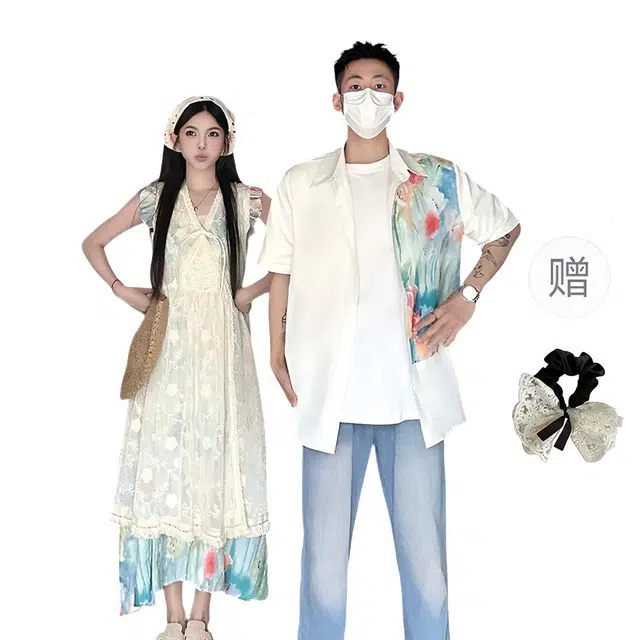 涂诗菲 茶歇法式度假复古彩色油画飞飞袖连衣裙罩衫上衣衬衫情侣套装