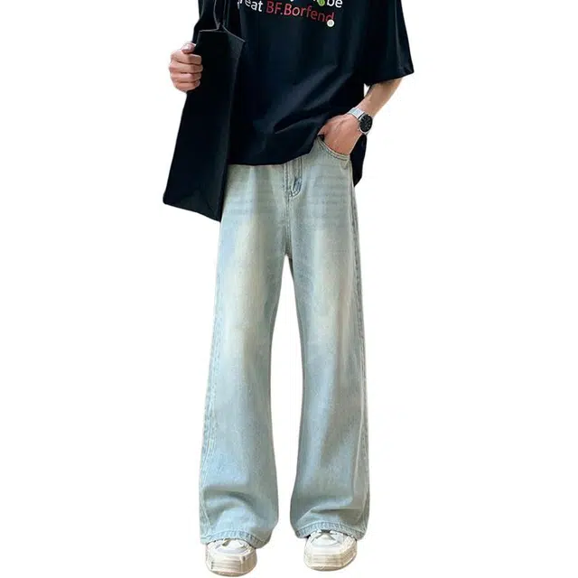 宝米卡 水洗宽松美式高街弯刀牛仔裤 男女同款