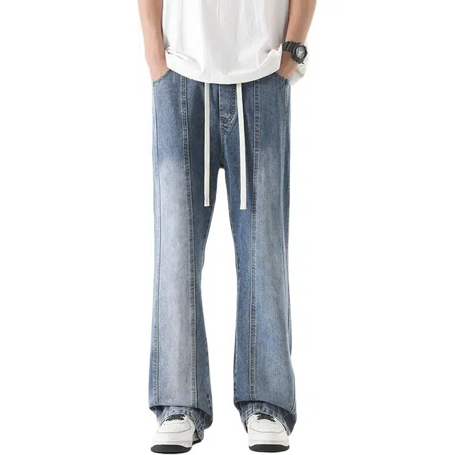 么宁 美式高街喇叭裤复古水洗拼接松紧腰舒适透气耐穿耐磨个性痞帅休闲运动阔腿 牛仔裤 男女同款