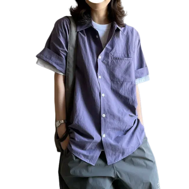 冈哉 美式户外复古做旧耐磨宽松休闲百搭舒适透气撞色纽扣重磅水洗纯色棉工装短袖衬衫 男女同款