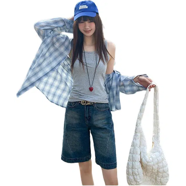 沐晓欣 甜辣时尚出游穿搭修身吊带内搭外穿收腰法式辣妹无袖打底衫背心 女款