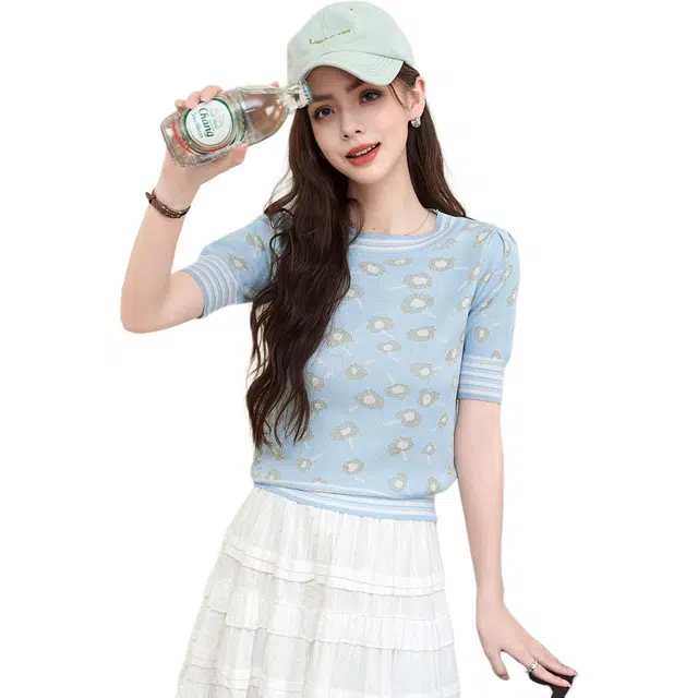 法文箱子 法式泡泡袖夏季薄款植物花卉短袖圆领针织衫 女款