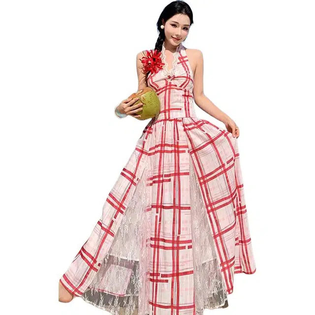 哒头下雨不愁 夏季法式海边度假气质长裙拼接格纹设计感收腰显瘦无袖连衣裙 女款