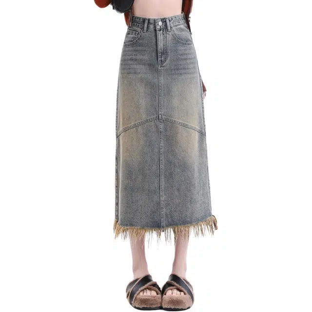 玫丝朵 水洗做旧毛边开叉牛仔长裙 女款 怀旧蓝