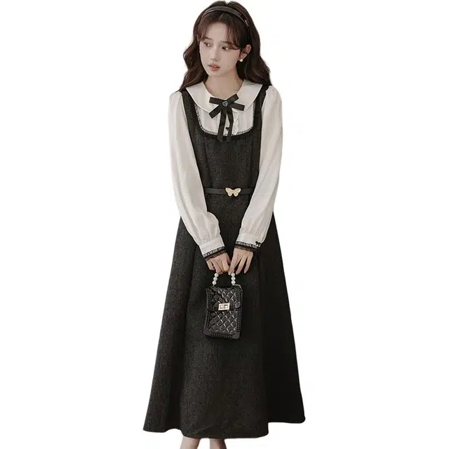 莫代尔 学院风撞色提花雪纺假两件长袖连衣裙 女款 黑茶灰