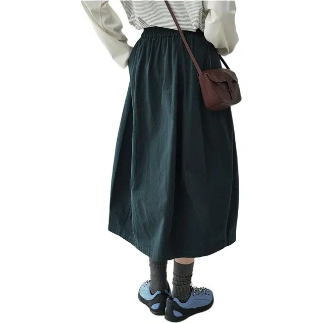 哒头下雨不愁 日系小清新少女花苞半身裙高腰显瘦中长款工装蓬蓬半裙休闲长裙 女款