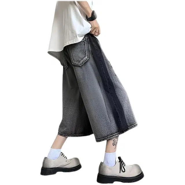 木木兔 男士夏季短裤美式潮流百搭男生裤子简约宽松直筒水洗七分裤夏天扎染破洞牛仔裤 男款