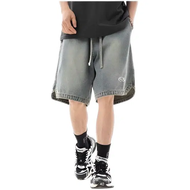 木木兔 休闲美式潮流百搭简约纯色工装宽松水洗五分牛仔短裤 男款