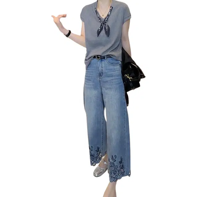 丝絮丝绸 新中式宽松通勤阔腿裤牛仔裤 女款