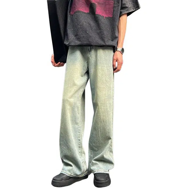 宝米卡 美式复古水洗垂感阔腿裤舒适百搭牛仔裤 男女同款