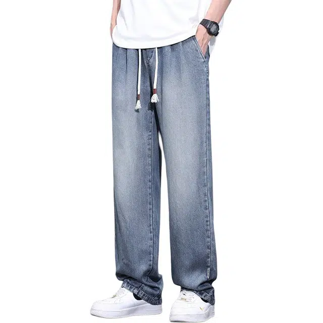 童先森 美式薄款宽松直筒高街水洗拖地冰丝裤子牛仔裤 男款