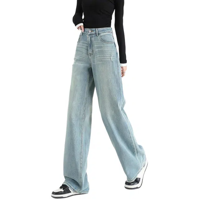 法文箱子 宽松窄版阔腿纯色高腰长裤牛仔裤 女款