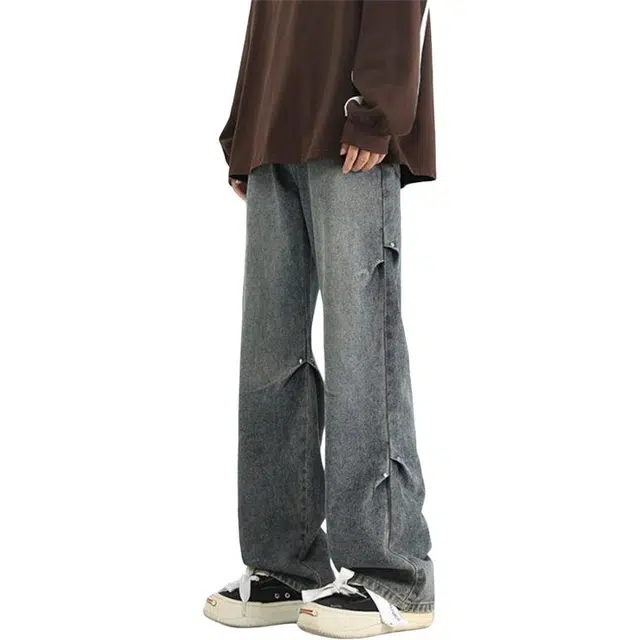 童先森 美式高街褶皱直筒舒适潮流时尚简约百搭长裤牛仔裤 男款