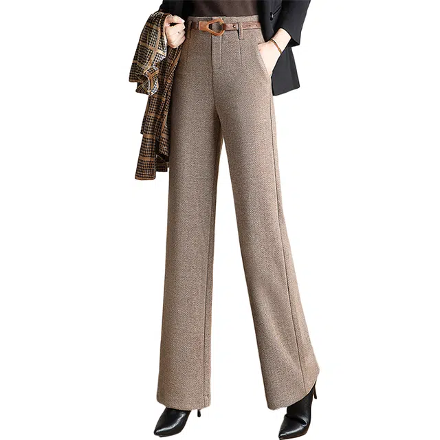 丝柏舍 简约高腰长款阔腿裤毛呢系扣对称口袋休闲裤 女款 灰咖人字纹