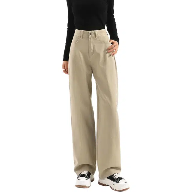 法文箱子 纯色显瘦直筒宽松高腰长裤牛仔裤 女款