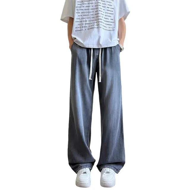 加菲猫家族 莱赛尔天丝凉感美式高街纯色简约基础宽松个性百搭时尚舒适日常通勤百搭直筒系带中腰街头痞帅青春活力牛仔裤 男女同款
