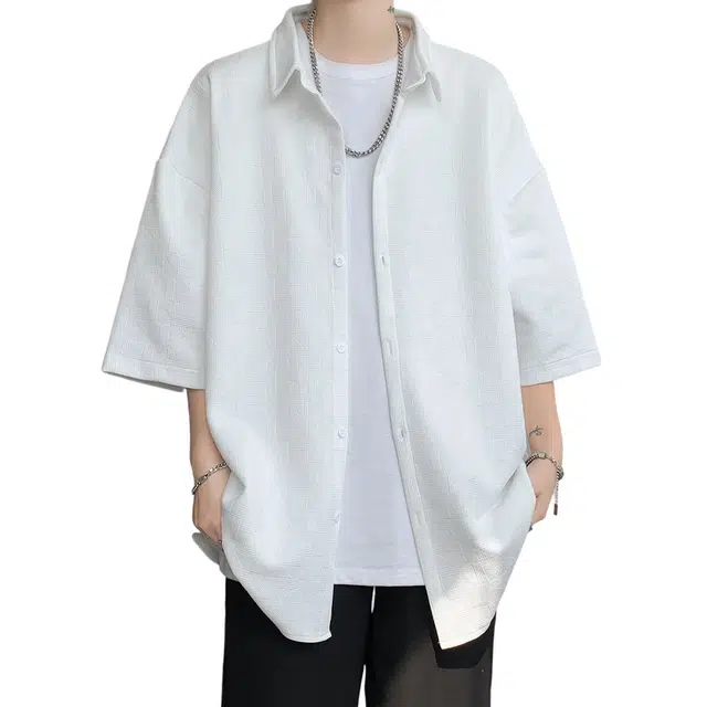 顶峰保罗 无性别主义痞帅潮牌薄款凉感亲肤透气宽松半袖休闲衬衣时尚百搭外套高级感短袖衬衫 男女同款