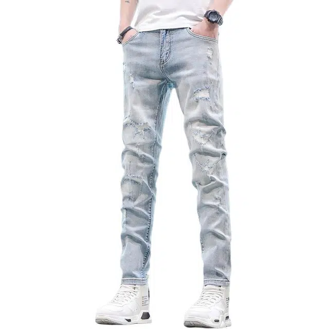 吉肯蒂 破洞薄款修身时尚个性潮流舒适牛仔裤 男款