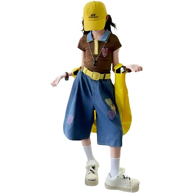 木木兔休闲运动套装 时髦洋气女童衣服夏装短袖大童潮牌小学生童装牛仔短裤女孩 女款