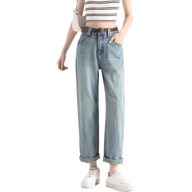 法文箱子 复古阔腿裤纯色宽松高腰长裤牛仔裤 女款