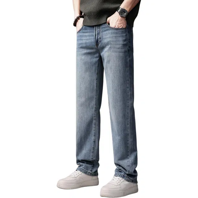 贵色 男士百搭简约冰川薄款触感弹力大码休闲透气设计冰丝凉感长裤港系高端天丝直筒阔腿牛仔裤 男女同款