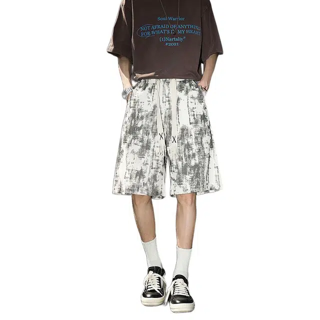 佐菲利 美式复古扎染薄款裤子直筒宽松五分裤运动中裤休闲短裤 男款