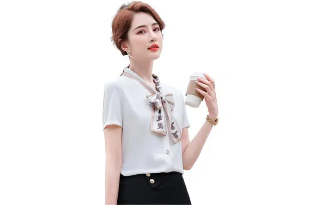 唐娜姿兰 时尚缎面蝴蝶结薄款雪纺短袖衬衫 女款