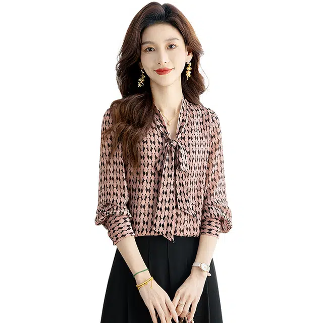 丝柏舍 系带领气质撞色格子宽松通勤复古长袖衬衫 女款 粉花