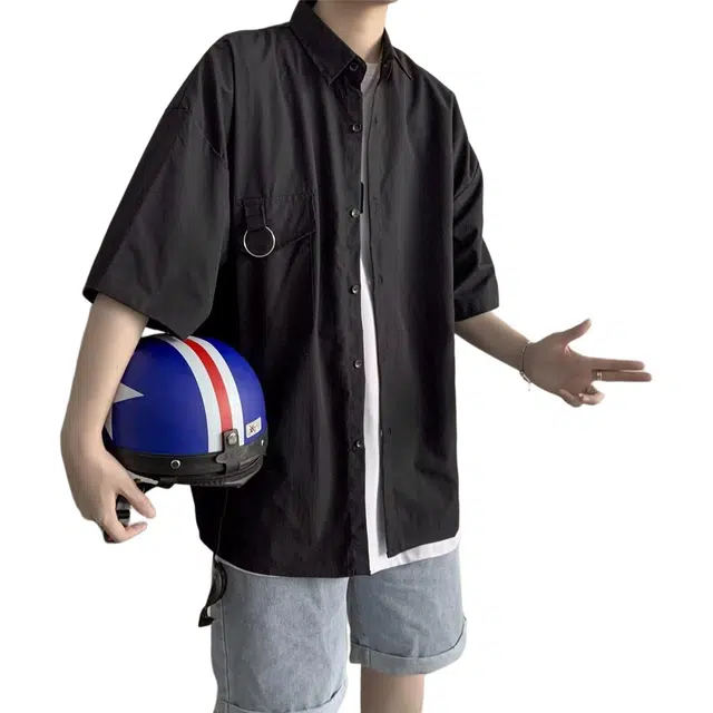 木木兔 百搭韩版学生宽松日系休闲透气时尚简约轻便轻便简约短袖衬衫 男款