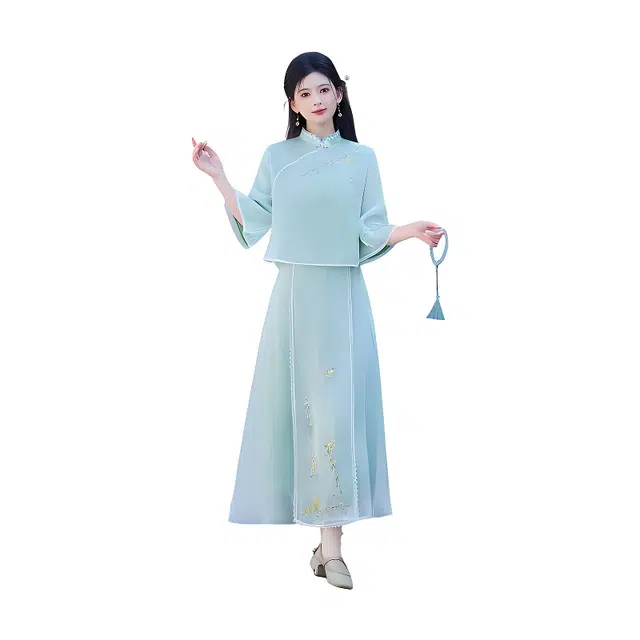 荟萃阁 新中式国风复古重工立领盘扣斜汉服襟上衣蕾丝刺绣改良裙装套装 女款