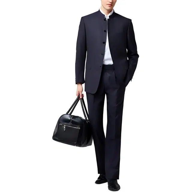 佛朗尼·齐拉 简约大气商务通勤纯色拉链直筒裤西装套装 男款 蓝色