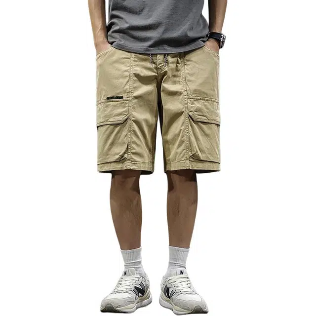 前进牛 美式休闲复古城市机能水洗中高腰休闲潮牌宽松直筒阔腿裤薄款大口袋五分裤工装短裤 男女同款